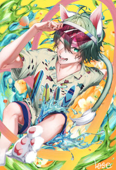 1boy absurdres animal_ears animification cat_ears commentary duffy_and_friends english_commentary full_body gelatoni highres humanization looking_at_viewer multiple_girls shirt short_hair smile solo tail touri0004