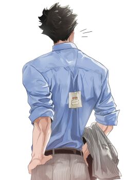 Rule 34 | 1boy, belt, black belt, black hair, blue shirt, collared shirt, commentary, cowboy shot, from behind, gksfnf, haikyuu!!, hands on own hips, highres, holding, holding unworn clothes, holding unworn jacket, kuroo tetsurou, male focus, pants, shirt, short hair, simple background, sleeves rolled up, solo, spiked hair, sticky note, symbol-only commentary, white background