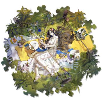 1girl arknights black_hair blue_eyes brown_hair cameo character_doll doll eikthyrnir_(arknights) facial_mark five-fall forehead_mark full_body grass green_theme hair_spread_out highres holding holding_staff horns long_hair lying magallan_(arknights) mole mole_under_mouth multi-tied_hair multiple_horns official_art on_grass on_side picnic picnic_basket picnic_blanket pointy_ears santalla_(arknights) simple_background solo staff third-party_source third_eye transparent_background typhon_(arknights) valarqvin_(arknights) valarqvin_(midskog_fika)_(arknights) wavy_hair