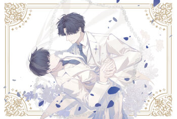 2boys black_eyes black_hair black_necktie border bridal_veil coat collared_shirt commentary_request curtained_hair dip_(dance_move) falling_petals feet_out_of_frame flower formal_clothes grin highres holding_hands kim_dokja looking_at_another male_focus matching_outfits multiple_boys necktie omniscient_reader&#039;s_viewpoint ornate_border petals sanjinmogufufu shirt short_hair smile veil vest white_coat white_shirt white_vest yaoi yoo_joonghyuk