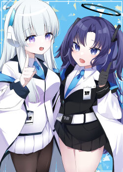 2girls absurdres aqua_necktie black_gloves black_jacket black_suit blue_archive blue_eyes blue_hair blue_necktie breasts collared_shirt commentary_request formal_clothes futagoma gloves hair_between_eyes hair_ornament half_gloves halo headgear headphones highres jacket large_breasts light_blush long_hair long_sleeves looking_at_viewer mechanical_halo millennium_science_school_logo multiple_girls necktie noa_(blue_archive) open_clothes open_jacket open_mouth purple_eyes purple_hair school_uniform shirt sidelocks skirt smile suit triangle_hair_ornament two-sided_fabric two-sided_jacket two_side_up very_long_hair white_hair white_halo white_jacket white_shirt white_suit yuuka_(blue_archive)