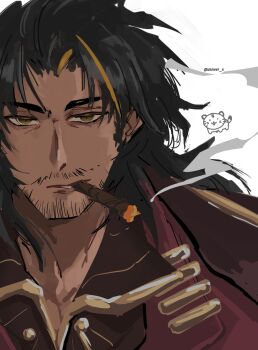 1boy artist_name bags_under_eyes beard_stubble black_hair blonde_hair brown_shirt chibi chibi_inset cigar coat coat_on_shoulders collared_shirt curtained_hair facial_hair formal_clothes gold_trim hashtag-only_commentary highres jacket lapels lei_heng_(project_moon) limbus_company looking_at_viewer male_focus medium_hair multicolored_hair mustache_stubble notched_lapels portrait project_moon red_coat red_jacket red_suit shirt smoking streaked_hair stubble suit suit_jacket tiger two-tone_hair unower_s white_background yellow_eyes