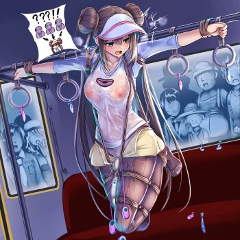 2girls 5boys badge badge_(pokemon) bdsm black_pantyhose blue_eyes bondage boulder_badge bound breasts brown_hair bug_catcher_(pokemon) cascade_badge cellphone condom controller empty_eyes grin heavy_breathing highres hiker_(pokemon) hitachi_magic_wand large_breasts marsh_badge monikano multiple_boys multiple_girls nintendo nipples open_mouth panties panties_under_pantyhose pantyhose phone pokemon pokemon_bw2 pussy_juice raglan_sleeves remote_control_vibrator restrained rosa_(pokemon) see-through_clothes sex_toy skirt smartphone smile subway tagme thunder_badge train trembling underwear used_condom vibrator visor_cap watch wet wet_clothes white_panties