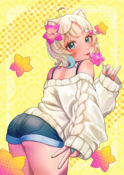 Rule 34 | 1girl, ahoge, animal ear fluff, animal ears, artist request, ass, blonde hair, blue shorts, bra strap, candy, commentary request, cowboy shot, dog ears, dog girl, fingernails, flower, food, green eyes, green nails, green streaks, hair flower, hair ornament, highres, holding, holding candy, holding food, indie virtual youtuber, leaning forward, licking, looking at viewer, micro shorts, mona meria, multicolored hair, nail polish, parted bangs, second-party source, shorts, smile, solo, streaked hair, sweater, thighs, tongue, tongue out, virtual youtuber, yellow background, yellow sweater