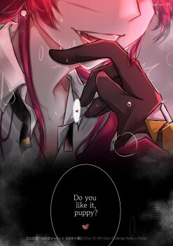 2girls animal_ears artist_name biting biting_finger black_gloves breath collared_shirt commentary english_commentary english_text gloves heart highres honkai:_star_rail honkai_(series) kafka_(honkai:_star_rail) long_hair multiple_girls open_mouth purple_gloves purple_hair shirt speech_bubble spoken_heart stelle_(honkai:_star_rail) trailblazer_(honkai:_star_rail) white_shirt yuri zukinie