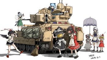 Rule 34 | 6+girls, ;d, absurdres, apron, backpack, bag, black bow, black hair, black hairband, black hat, black shoes, black skirt, black wings, blonde hair, blue bow, blue dress, blue hair, bow, braid, broom, brown hair, camera, chinese commentary, cirno, closed eyes, closed mouth, commentary, crawling, crossed arms, dated, detached sleeves, dress, flandre scarlet, frilled bow, frilled hair tubes, frilled skirt, frills, from behind, gohei, green skirt, green vest, grey hair, hair bow, hair tubes, hairband, hakurei reimu, hands on own hips, hat, highres, holding, holding camera, holding gohei, holding umbrella, imminent stepping, izayoi sakuya, jitome, kirisame marisa, konpaku youmu, konpaku youmu (ghost), m2 bradley, maid headdress, medium hair, military vehicle, multiple girls, no wings, one eye closed, open hatch, open mouth, puffy short sleeves, puffy sleeves, radar, red bow, red shirt, red shoes, red skirt, remilia scarlet, rubbing eyes, shadow, shameimaru aya, shirt, shoes, short hair, short sleeves, sidelocks, skirt, sleepy, smile, socks, tokin hat, touhou, twin braids, umbrella, user yetd3785, vest, white apron, white background, white bow, white shirt, white shoes, white skirt, white socks, wide sleeves, wings, witch hat, zzz