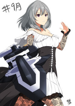1girl absurdres artist_name assault_lily august bare_shoulders black_dress black_pantyhose breasts collarbone commentary_request cowboy_shot cross-laced_clothes cross-laced_dress detached_sleeves dress frilled_dress frilled_sleeves frills grey_hair hair_between_eyes hand_up hashtag hata_matsuri highres holding holding_sword holding_weapon lace lace_pantyhose lace_sleeves large_breasts long_sleeves looking_at_viewer looking_to_the_side medium_hair off-shoulder_dress off_shoulder pantyhose parted_lips pleated_dress senri_(senri03151221) short_sleeves signature simple_background solo standing sword translated two-tone_dress v-shaped_eyebrows weapon white_background white_dress