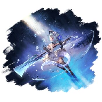 1girl alpha_transparency armored_boots blue_hair boots breasts derivative_work detached_sleeves dress filene_(shadowverse) flower full_body garter_straps granblue_fantasy hair_flower hair_ornament holding holding_weapon horns medium_breasts medium_hair official_art pointy_ears purple_eyes solo tail thigh_boots thighhighs weapon white_dress