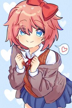 Rule 34 | 1girl, blue eyes, blue skirt, bow, brown vest, clenched hands, closed mouth, commentary, cowboy shot, doki doki literature club, doki doki literature club school uniform, english commentary, eyes visible through hair, grey jacket, hair bow, hair over one eye, heart, highres, jacket, light blush, looking at viewer, miniskirt, neck ribbon, open clothes, open jacket, pastel.moch, pink bow, red bow, red ribbon, ribbon, sayori (doki doki literature club), school uniform, shirt, short hair, sidelocks, skirt, smile, solo, spoken heart, vest, white shirt