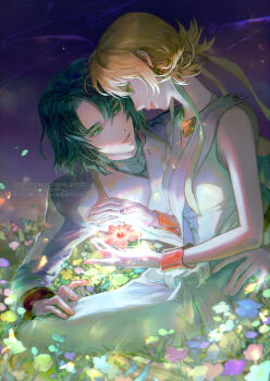 1boy 1girl athrun_zala blonde_hair blue_eyes blue_hair brown_eyes cagalli_yula_athha commentary dress english_commentary field flower flower_field gold_necklace gundam gundam_seed gundam_seed_freedom hair_between_eyes hair_ribbon hibiscus highres inhouhou jacket jewelry looking_at_another military_jacket necklace parted_bangs pink_flower ribbon short_hair sleeveless sleeveless_dress white_dress