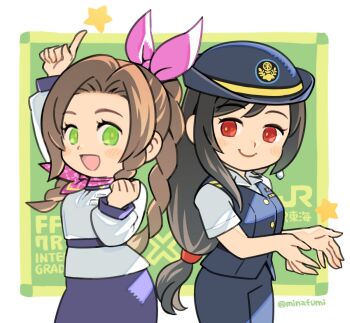 Rule 34 | 2girls, aerith gainsborough, arm up, black hair, blue eyes, blue hat, blue pants, blue skirt, blue vest, blush, braid, braided ponytail, brown hair, central japan railway company, closed mouth, commentary request, cowboy shot, earrings, final fantasy, final fantasy vii, final fantasy vii remake, green eyes, hair ribbon, hat, index finger raised, japan railways, jewelry, long hair, long sleeves, looking at viewer, low-tied long hair, minagawa fumio, multiple girls, official alternate costume, open mouth, pants, parted bangs, pink ribbon, red eyes, ribbon, shirt, short sleeves, skirt, smile, star (symbol), swept bangs, tifa lockhart, twitter username, vest, white shirt, wing collar