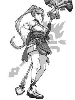 1girl breasts chin_bell closed_mouth commentary_request full_body glimmer_(xenoblade) greyscale hand_on_own_hip high_ponytail highres holding holding_weapon japanese_clothes kimono large_breasts long_hair looking_at_viewer monochrome okobo platform_sandals ponytail sandals smile solo standing tabi very_long_hair weapon white_background xenoblade_chronicles_(series) xenoblade_chronicles_3 xenoblade_chronicles_3:_future_redeemed
