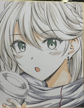 Rule 34 | 1girl, blowing, braid, close-up, commentary request, crown braid, cup, double-parted bangs, earrings, eiyuu densetsu, elaine auclair, green eyes, grey hair, grey scarf, hair between eyes, highres, holding, holding cup, jewelry, kagura yuuto, kuro no kiseki (series), looking at viewer, open mouth, portrait, scarf, single earring, smile, solo, traditional media