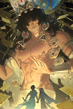 2boys anmaki bara crown dark_skin earrings jewelry long_hair male_focus multiple_boys muscular muscular_male nipple_chain sultan&#039;s_game the_sultan_(sultan&#039;s_game) topless_male