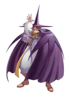 Rule 34 | 1girl, absurdres, baggy pants, belt around waist, brown eyes, cape, detached sleeves, dress, fingernails, game cg, hat, highres, large hat, long fingernails, looking at viewer, non-web source, official art, orange hair, outstretched hand, pants, purple cape, solo, tabasa, warzard, white dress, white nails, witch, witch hat, yasuda akira