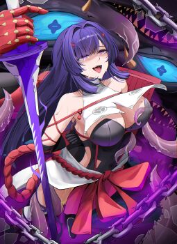 1girl absurdres armpits arms_behind_back bare_shoulders bdsm black_gloves black_leotard blush bondage bound bound_arms breast_curtains breasts chain chaos_zero_nightmare chizuru_(chaos_zero_nightmare) clothing_cutout collarbone commentary covered_erect_nipples crying crying_with_eyes_open elbow_gloves english_commentary full_body gloves hair_between_eyes hair_intakes hakama hakama_short_skirt hakama_skirt highres holding holding_sword holding_weapon japanese_clothes large_breasts leotard massoukei mechanical_arms mind_break monster nontraditional_miko open_mouth purple_eyes purple_hair red_hakama red_rope restrained rope saliva sharp_teeth shibari shield shimenawa side_cutout sidelocks signature single_mechanical_arm skindentation skirt solo_focus sprue strapless strapless_leotard sweat sword tears teeth tentacles traumatized upper_teeth_only weapon