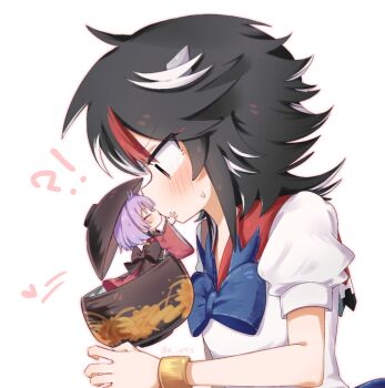 !? 2girls back_bow black_bow black_hair blue_bow blue_bowtie blush bow bowl bowl_hat bowtie bracelet closed_eyes commentary_request dress from_side hand_up hat in_bowl in_container japanese_clothes jewelry kijin_seija kimono kiss kissing_with_eyes_open kiwi_(x_x915) looking_at_viewer medium_hair mini_person minigirl multicolored_hair multiple_girls profile puffy_short_sleeves puffy_sleeves purple_hair red_eyes red_kimono red_streaks short_sleeves size_difference small_horns streaked_hair sukuna_shinmyoumaru sweatdrop touhou v-shaped_eyebrows white_dress white_streaks wide_sleeves yuri