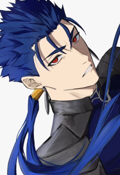1boy armor blue_hair cu_chulainn_(fate) cu_chulainn_(lancer)_(fate) earrings fate/stay_night fate_(series) hair_tubes high_collar highres jewelry looking_at_viewer parted_lips pauldrons ponytail red_eyes shoulder_armor sideways slit_pupils solo spiked_hair teeth tuna_sss15 upper_body