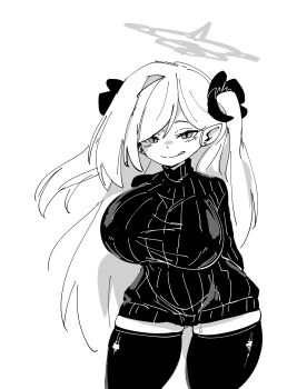 1girl aged_up alternate_breast_size_(larger) black_flower black_sweater black_thighhighs blue_archive breasts ear_piercing flower hair_flower hair_ornament halo huge_breasts leaning_forward licking_lips long_hair mabufuyo monochrome mutsuki_(blue_archive) piercing pointy_ears seductive_gaze skindentation smile solo sweater thick_thighs thighhighs thighs tongue tongue_out turtleneck turtleneck_sweater twintails white_background white_hair wide_hips