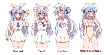 1girl animal_ears arm_up bell blue_hair blue_nails blush breasts carrot carrot_hair_ornament commentary crescent crescent_necklace curtain_call_challenge_(meme) double_bun food-themed_hair_ornament hair_bun hair_ornament heart heart-shaped_pupils highres hololive jewelry long_hair looking_at_viewer medium_breasts meme multicolored_hair multiple_views nail_polish neck_bell necklace off_shoulder official_alternate_costume one_eye_closed orange_eyes rabbit_ears ribbon skirt symbol-shaped_pupils tongue tongue_out underwear unexistarts usada_pekora usada_pekora_(casual) virtual_youtuber white_hair