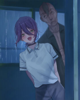 1boy 1girl :d arms_behind_back black_choker bra_visible_through_clothes chainsaw_man choker green_eyes hair_between_eyes highres indoors looking_at_viewer open_mouth polo_shirt purple_hair reze_(chainsaw_man) shekisheki15 shirt smile typhoon_devil&#039;s_contractor_(chainsaw_man) white_shirt window