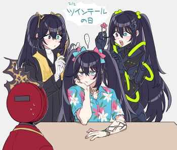 Rule 34 | 1other, 3boys, aqua eyes, armor, black armor, black coat, black eyes, black hair, coat, commentary request, dante (limbus company), dieci association south uniform, gloves, hair tie, heterochromia, highres, holding, holding hair tie, hong lu (project moon), k corp. (identity) (project moon), limbus company, long hair, multiple boys, multiple persona, open mouth, project moon, shiki (shikki46), sitting, smile, table, tingtang gang (identity) (project moon), twintails, twintails day, very long hair, white gloves