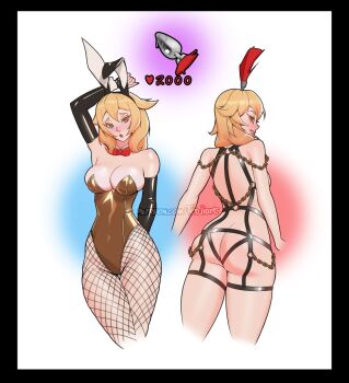 1girl arm_behind_back artist_name ass blonde_hair blush bow bowtie breasts butt_crack butt_plug centurii-chan_(character) chain commentary elbow_gloves english_commentary fishnets gloves gold_chain highres large_breasts leather_strap looking_at_viewer original pink_lips playboy_bunny plume red_bow red_bowtie sex_toy smile tedjiart thighs twitter_strip_game yellow_eyes