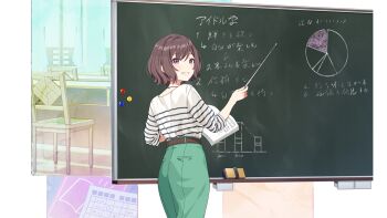 belt book brown_hair chair chalkboard drawing_(object) gakuen_idolmaster game_cg highres holding holding_pointer idolmaster japanese_text neo_asari official_art open_book pointer purple_eyes smile