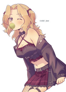 1girl alternate_costume alternate_hairstyle belt black_jacket blonde_hair blowing_bubble_gum boko_(girls_und_panzer) breasts chewing_gum collar commentary_request fishnet_pantyhose fishnets girls_und_panzer highres holding jacket kay_(girls_und_panzer) large_breasts long_hair looking_at_viewer one_eye_closed pantyhose red_skirt s1567_ykmr simple_background skirt twitter_username white_background