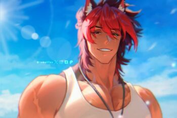 1boy animal_ear_piercing animal_ears black_hair commentary dog_boy dog_ears dog_tail english_commentary innaillus jewelry komano_manato large_pectorals male_focus multicolored_hair muscular muscular_male necklace pectoral_cleavage pectorals red_eyes red_hair scar scar_on_chest scar_on_face tail zenless_zone_zero