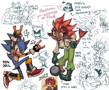 9474s0ul \n/ alternate_universe animal_ears animal_nose artist_self-insert black_gloves boots character_request closed_mouth commentary cooking_pot dark_skin double_\n/ dr._eggman english_commentary english_text facial_hair fingerless_gloves furry furry_male gender_request gloves green_footwear green_gloves green_pants hand_on_another's_shoulder highres inkling long_sleeves looking_at_viewer metal_amy metal_sonic multiple_boys mustache nintendo open_mouth orange_eyes orange_hair pants red_eyes red_footwear robot shadow_the_hedgehog shirt simple_background sketch smile sonic_(series) splatoon_(series) splatoon_3 standing sunglasses surprised tail v white_background white_shirt