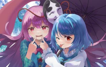 2girls blue_hair blue_shirt blue_vest bow bowtie bright_pupils buttons closed_mouth commentary_request finger_to_another's_mouth fingernails frilled_sleeves frills hand_up hata_no_kokoro highres holding holding_umbrella karakasa_obake ko-omote_mask light_blush long_hair long_sleeves looking_at_viewer mask mouth_pull multicolored_buttons multiple_girls one_eye_closed open_mouth pink_bow pink_bowtie pink_eyes pink_hair plaid_clothes plaid_shirt puffy_long_sleeves puffy_sleeves red_eyes shirt short_hair star_(symbol) star_button tatara_kogasa tongue tongue_out touhou umbrella upper_body vest white_pupils white_shirt yorange17