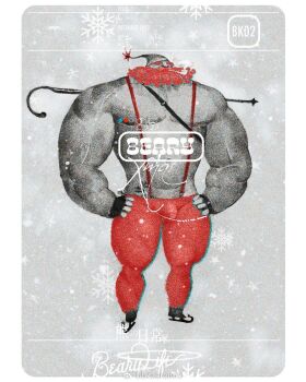 1boy bad_id bad_weibo_id bara beard bk_zerotwo bulge christmas clothes_pull covered_penis facial_hair full_body greyscale highres huge_pectorals long_beard male_focus monochrome muscular muscular_arms muscular_legs muscular_male navel nipples original pants pants_pull small_head smoking snowflake_background solo spot_color standing strongman_waist sunglasses thighs topless_male