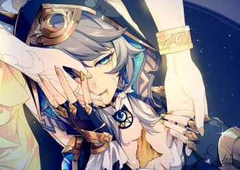 2girls aglaea_(honkai:_star_rail) animal_ears animal_hood black_hood black_leotard bleeding blood blood_from_mouth blood_on_face blue_eyes bracelet cat_ears cat_girl cat_hood cipher_(honkai:_star_rail) commentary_request deep_wound ears_through_hood grey_hair half-closed_eyes hand_on_another's_cheek hand_on_another's_face hand_on_another's_hand honkai:_star_rail honkai_(series) hood injury jewelry jingxinzhiyun leotard mole mole_on_chest multiple_girls yellow_blood yellow_nails