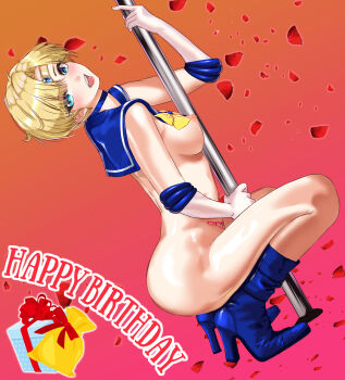 :d absurdres arion_canvas bishoujo_senshi_sailor_moon blonde_hair blue_boots blue_choker blue_eyes blue_sailor_collar boots bow breasts choker circlet commentary_request dutch_angle elbow_gloves from_side gloves gradient_background happy_birthday high_heel_boots high_heels highres knee_boots looking_at_viewer looking_to_the_side medium_breasts nipples nude open_mouth parted_bangs pink_background pole pubic_tattoo sailor_collar sailor_uranus short_hair smile solo squatting stripper_pole tattoo ten&#039;ou_haruka white_gloves yellow_bow