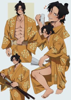 Rule 34 | 1boy, abs, barefoot, black hair, collarbone, commentary, dekazeze, eating, food, grin, hand fan, highres, holding, holding food, japanese clothes, kimono, looking at viewer, male focus, obi, one piece, onigiri, paper fan, portgas d. ace, sanpaku, sash, scabbard, sheath, sitting, smile, solo, sword, symbol-only commentary, topknot, unsheathing, weapon, yellow kimono