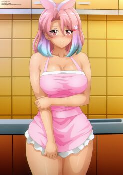 1girl animal_ears animal_hair_ornament apron blue_hair blush borrowed_character breasts cleavage collarbone commission cupboard embarrassed fake_animal_ears gradient_hair hair_ornament hairclip holding_own_arm kitchen large_breasts looking_at_viewer multicolored_hair naked_apron original pink_apron pink_eyes pink_hair rabbit_ears rabbit_hair_ornament short_hair smile standing two-tone_hair zel-sama
