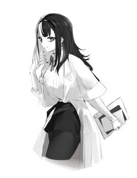 1girl alternate_costume arknights closed_mouth gloryaldelly highres holding holding_tablet_pc hololive hololive_english jacket long_hair pantyhose priestess_(arknights) shiori_novella skirt smile solo spot_color tablet_pc virtual_youtuber yellow_eyes