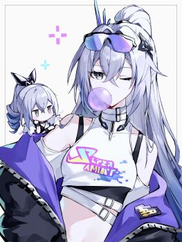 1girl belt_buckle buckle chewing_gum chibi clothes_writing clothing_cutout commentary drill_hair eyewear_on_head goggles gradient_hair grey_eyes grey_hair hair_ornament hashtag-only_commentary highres honkai:_star_rail honkai_(series) jacket long_hair multicolored_hair nirako_mona off_shoulder one_eye_closed open_clothes open_jacket ponytail shoulder_cutout silver_wolf_(elation)_(honkai:_star_rail) silver_wolf_(honkai:_star_rail) simple_background streaked_hair symbol-only_commentary tank_top turtleneck very_long_hair