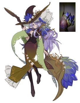 1girl absurdres aibivy blue_flower breasts brown_dress brown_hat cleavage closed_mouth commentary_request dress flower full_body grey_eyes grey_footwear hair_flower hair_ornament hair_over_one_eye hat highres long_hair looking_at_viewer original personification photo-referenced photo_inset purple_hair reference_work simple_background sleeveless sleeveless_dress solo white_background white_flower witch_hat