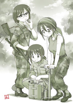 3girls :d ankle_boots boots camouflage camouflage_pants cross-laced_footwear eating ebifly food forest glasses green_theme gun hair_ornament hairclip headscarf highres holding holding_food jacket monochrome multiple_girls nature onigiri open_mouth original over-rim_eyewear over_shoulder pants pump rifle semi-rimless_eyewear shirt short_hair signature smile squatting standing sweat weapon weapon_over_shoulder