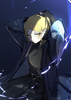 Rule 34 | 1boy, absurdres, arms up, belt, belt buckle, black background, black belt, black gloves, black hakama, black haori, black pants, black shirt, buckle, closed mouth, elbow gloves, expressionless, fingerless gloves, gloves, hakama, hakama pants, haori, highres, japanese clothes, limbus company, limgumon, looking at viewer, male focus, pants, parted bangs, pinky (identity) (project moon), pleated pants, project moon, shirt, sidelighting, sinclair (project moon), sitting, solo, tsurime, tying hair, undershirt, yellow eyes