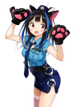 1girl animal_ear_fluff animal_ears animal_hands arms_up belt black_gloves black_hair blue_hat blue_necktie blue_shirt blue_skirt blush cat_ears claw_pose cowboy_shot cuffs fake_animal_ears fang gloves hat highres kanojo_okarishimasu leaning_forward long_hair md5_mismatch miniskirt miyajima_reiji multicolored_hair necktie open_mouth paw_gloves pencil_skirt police police_uniform policewoman red_eyes resolution_mismatch shirt short_sleeves simple_background single_thighhigh skirt smile solo source_larger streaked_hair thighhighs thighs white_background yaemori_mini