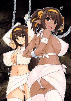 2girls absurdres alternate_breast_size alternate_ears alternate_skin_color alternate_species anger_vein arms_behind_back arms_up ass bandaged_arm bandages bdsm blush bondage bound breasts brown_hair cleavage commentary_request covered_erect_nipples dual_persona elbow_gloves elf gloves hair_ribbon hairband haruhisky highres huge_breasts medium_hair multiple_girls navel nipples official_alternate_hair_length official_alternate_hairstyle open_mouth pointy_ears ponytail ribbon scowl standing suzumiya_haruhi suzumiya_haruhi_no_shoushitsu suzumiya_haruhi_no_yuuutsu teeth thighhighs tongue upper_teeth_only white_gloves white_thighhighs yellow_hairband yellow_ribbon