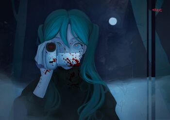 1girl alternate_costume aqua_eyes aqua_hair black_jacket blood blood_on_camera blood_on_face blood_on_hands blood_splatter camcorder camera casual eyelashes fog full_moon hair_between_eyes hatsune_miku high_collar highres holding holding_camera jacket long_hair looking_at_viewer moon night patison231 recording red_pupils solo twintails upper_body video_camera viewfinder vocaloid wide-eyed zipper