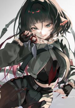 1girl animal_ears black_shorts green_jacket high-waist_shorts highres jacket jane_doe_(zenless_zone_zero) long_tail mouse_ears mouse_girl mouse_tail red_nails sharp_tail shorts solo tail tongue tongue_out yonagiri_47 zenless_zone_zero