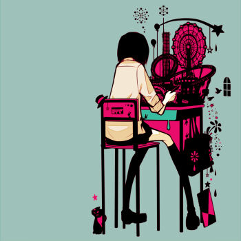 1girl bag black_hair black_socks blue_background cat chair desk facing_away from_behind kneehighs miniature on_chair original school_bag school_chair school_desk shirt shoes short_hair short_sleeves simple_background sitting sleeves_rolled_up socks solo white_shirt yukitake_(bullfalk)