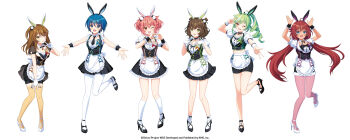 5girls absurdres akiru_kamira animal_ears bare_shoulders blue_eyes blue_hair blush breasts brown_hair double_v dress full_body green_eyes green_hair hair_ornament highres kanengomi long_hair looking_at_viewer multiple_girls navel official_art ootori_kokona open_mouth orange_eyes orange_hair pantyhose pink_hair purple_eyes rabbit_ears red_hair shiromaru_mito short_hair skirt sleeveless smile thighhighs toneri_nikako twintails v very_long_hair world_dai_star yellow_eyes yonaguni_hikari yorozu_iruru