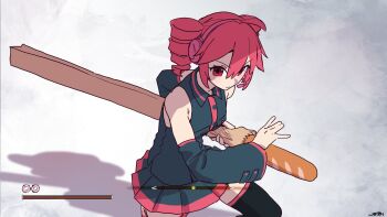 1girl artist_name baguette bare_shoulders black_shirt black_skirt black_sleeves black_thighhighs bread breast_pocket collared_shirt commentary detached_sleeves double-parted_bangs drill_hair english_commentary fighting_stance food headphones headset health_bar highres holding holding_weapon jebi kasane_teto long_sleeves medium_hair miniskirt parody pleated_skirt pocket red_eyes red_hair sekiro:_shadows_die_twice shadow sheath shirt skirt solo standing thighhighs twin_drills unconventional_weapon unsheathing utau weapon