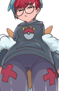 1girl backpack bag black-framed_eyewear brown_bag cameltoe chinese_commentary commentary_request from_below glasses highres hood hoodie long_sleeves looking_down multicolored_hair nintendo open_mouth pantyhose penny_(pokemon) poke_ball_print pokemon pokemon_sv round_eyewear short_hair solo two-tone_hair woodaxe